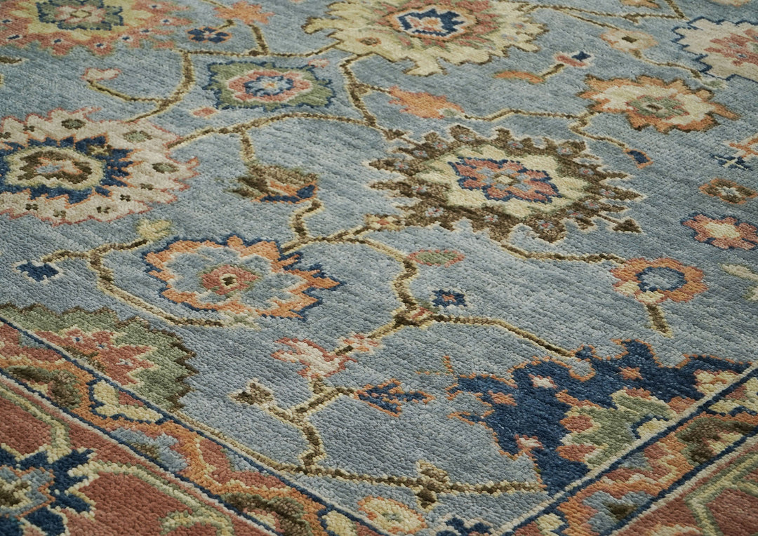 9x12 Slate, Blue, peach Color Hand Knotted Oushak Wool  Oriental Rug