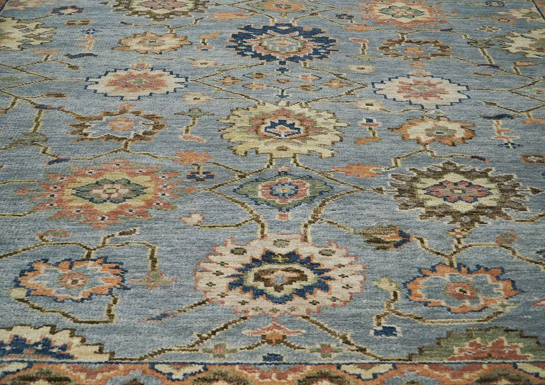 9x12 Slate, Blue, peach Color Hand Knotted Oushak Wool Arts and Crafts Oriental Rug