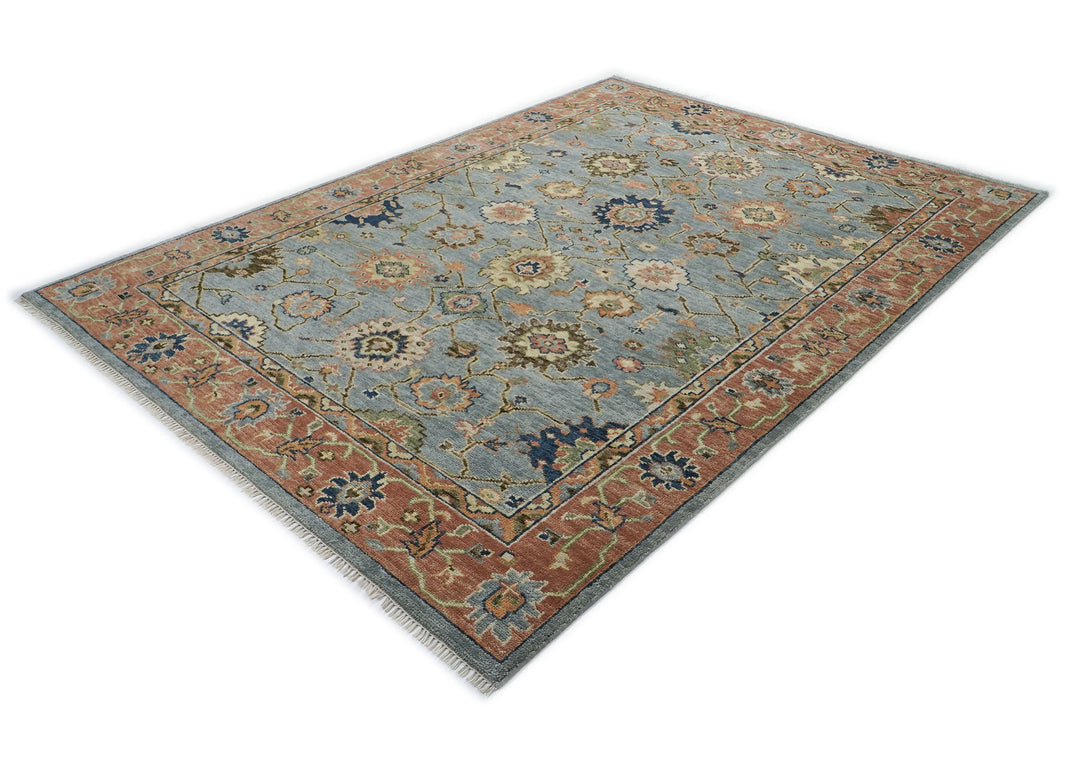 9x12 Slate, Blue, peach Color Hand Knotted Oushak Wool  Oriental Rug