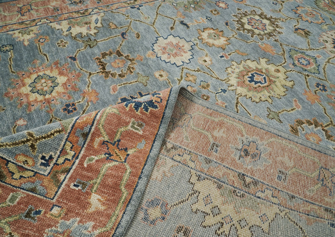 9x12 Slate, Blue, peach Color Hand Knotted Oushak Wool Arts and Crafts Oriental Rug