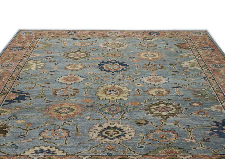 9x12 Slate, Blue, peach Color Hand Knotted Oushak Wool Arts and Crafts Oriental Rug