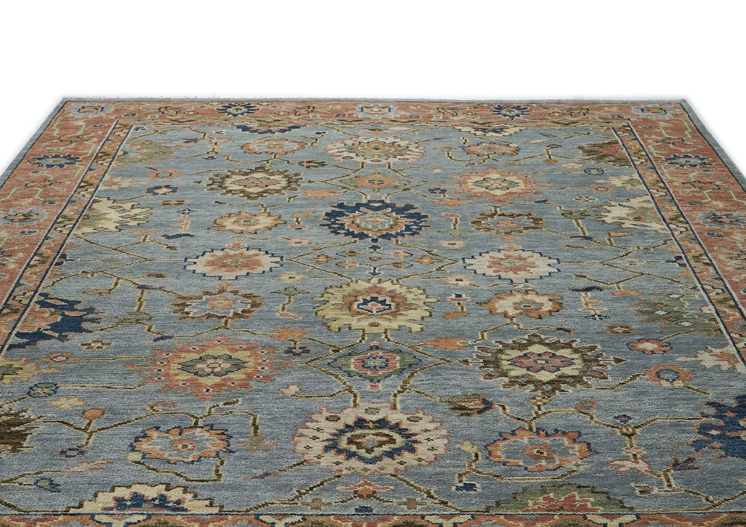 9x12 Slate, Blue, peach Color Hand Knotted Oushak Wool  Oriental Rug