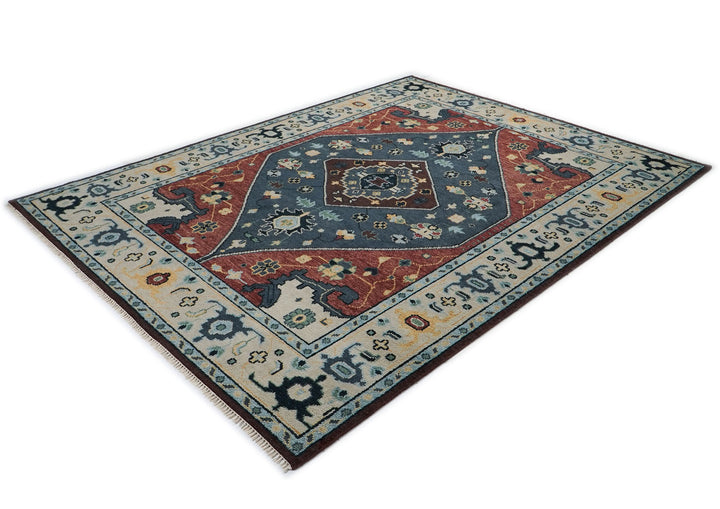 9x12 Blue, Burnt Orange, Beige Color Hand Knotted Oushak Wool Traditional Oriental Rug