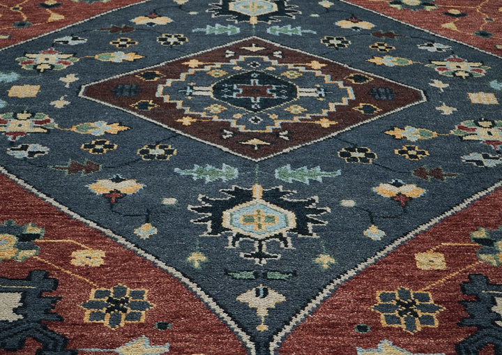9x12 Blue, Burnt Orange, Beige Color Hand Knotted Oushak Wool Traditional Oriental Rug