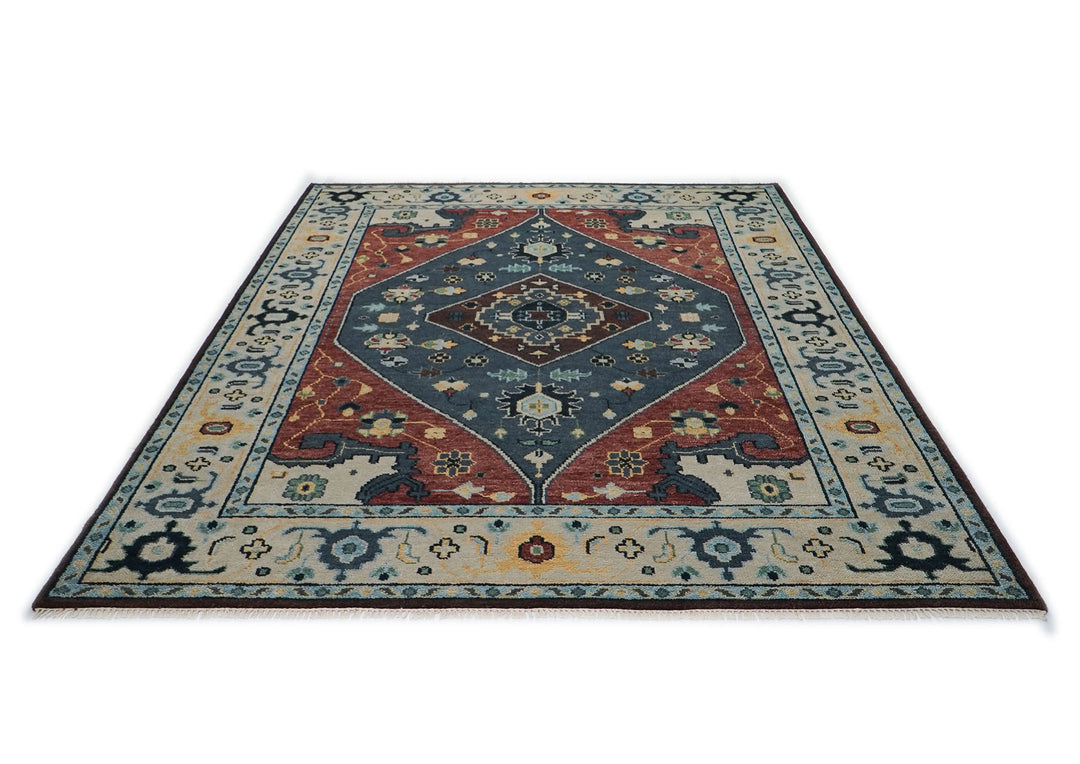 9x12 Blue, Burnt Orange, Beige Color Hand Knotted Oushak Wool Traditional Oriental Rug