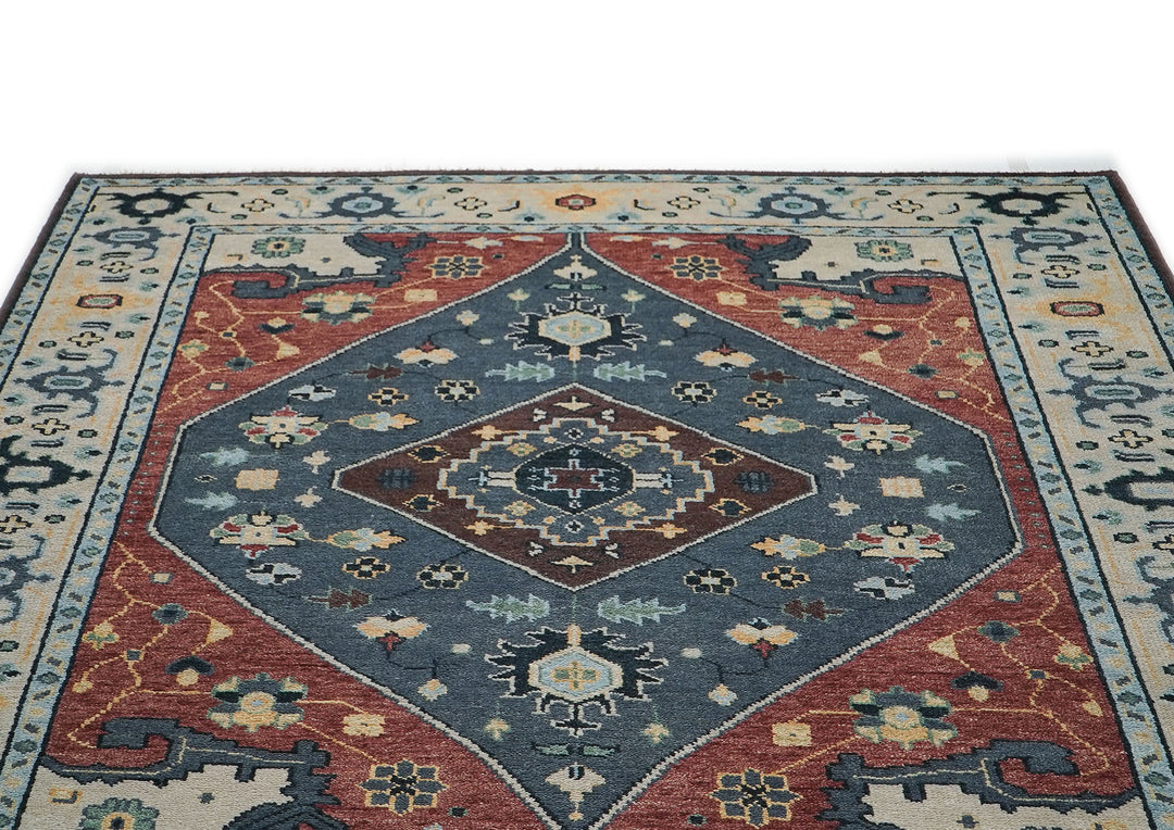 9x12 Blue, Burnt Orange, Beige Color Hand Knotted Oushak Wool Traditional Oriental Rug