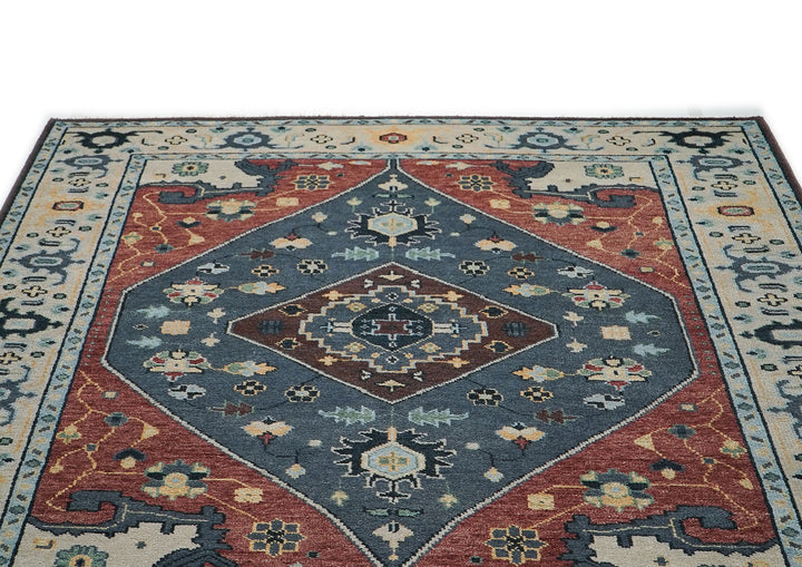 9x12 Blue, Burnt Orange, Beige Color Hand Knotted Oushak Wool Traditional Oriental Rug