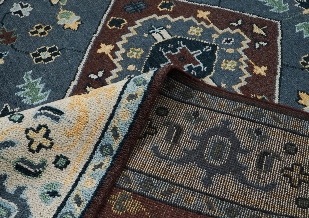 9x12 Blue, Burnt Orange, Beige Color Hand Knotted Oushak Wool Traditional Oriental Rug