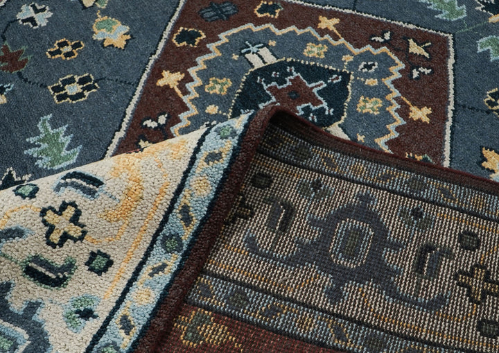 9x12 Blue, Burnt Orange, Beige Color Hand Knotted Oushak Wool Traditional Oriental Rug