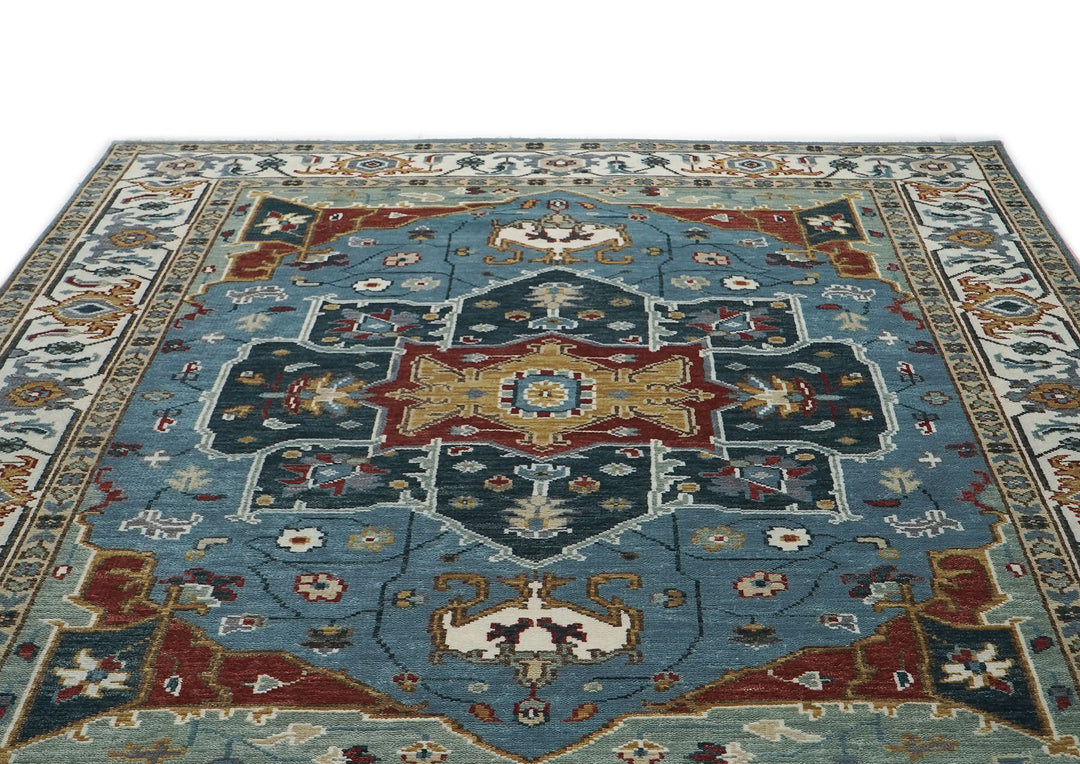 9x12 Blue, Ivory, Mint Color Hand Knotted Oushak Wool  Oriental Rug