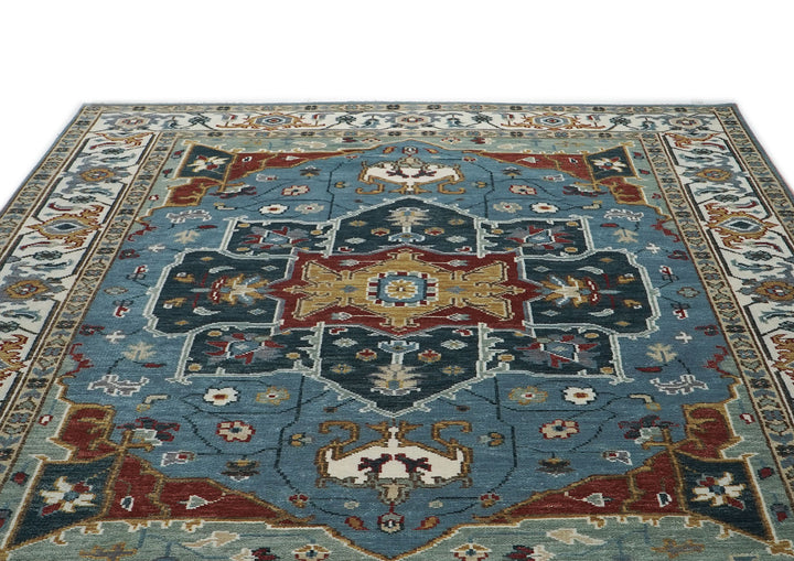 9x12 Blue, Ivory, Mint Color Hand Knotted Oushak Wool  Oriental Rug