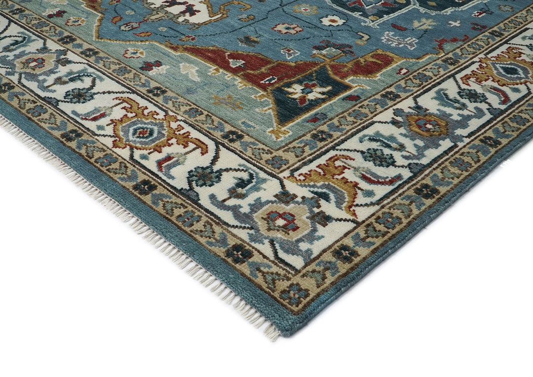 9x12 Blue, Ivory, Mint Color Hand Knotted Oushak Wool  Oriental Rug