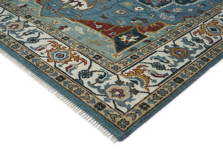 9x12 Blue, Ivory, Mint Color Hand Knotted Oushak Wool  Oriental Rug
