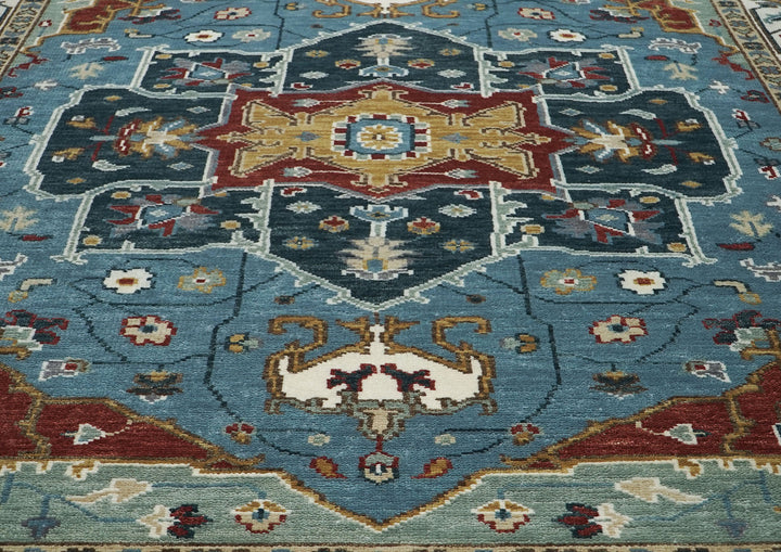 9x12 Blue, Ivory, Mint Color Hand Knotted Oushak Wool  Oriental Rug