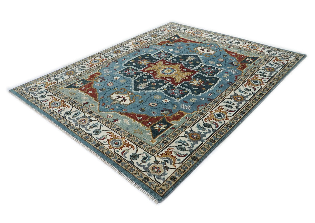 9x12 Blue, Ivory, Mint Color Hand Knotted Oushak Wool  Oriental Rug