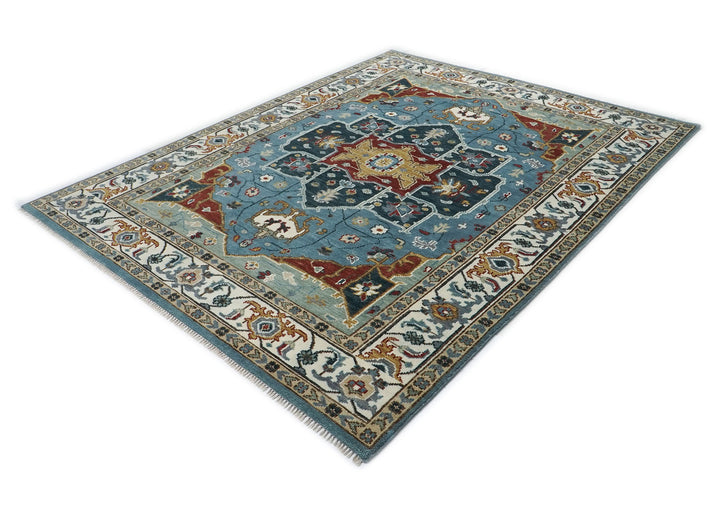 9x12 Blue, Ivory, Mint Color Hand Knotted Oushak Wool  Oriental Rug