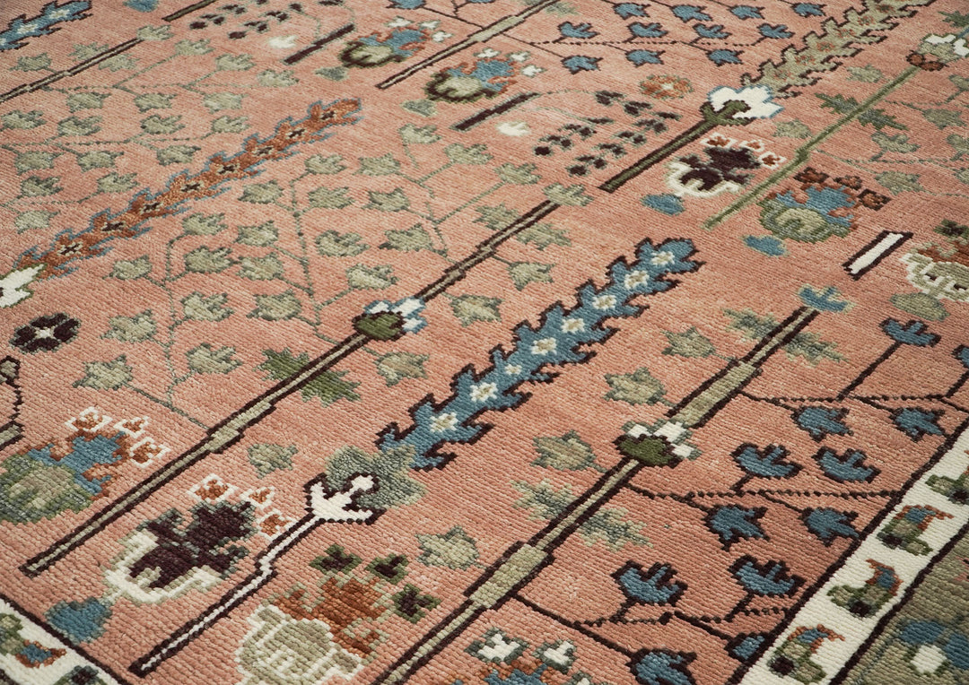 10x14 Rose, Mint, Brown Color Hand Knotted Oushak Wool Transitional Oriental Rug