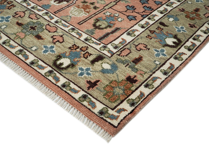 10x14 Rose, Mint, Brown Color Hand Knotted Oushak Wool Transitional Oriental Rug
