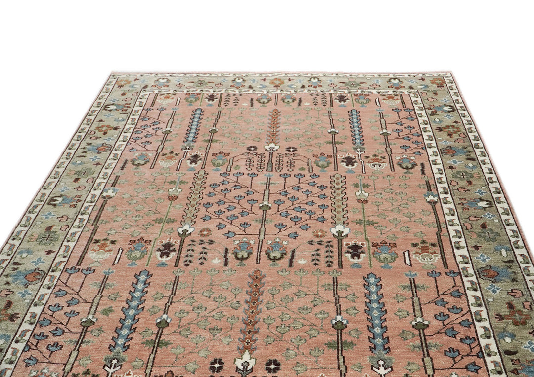 10x14 Rose, Mint, Brown Color Hand Knotted Oushak Wool Transitional Oriental Rug