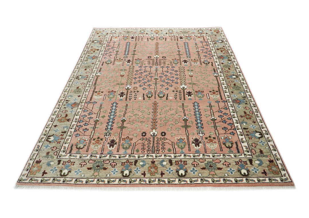 10x14 Rose, Mint, Brown Color Hand Knotted Oushak Wool Transitional Oriental Rug