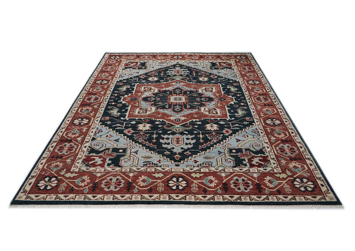 9x12 Blue, Slate, Burnt Orange Color Hand Knotted Oushak Wool  Oriental Rug