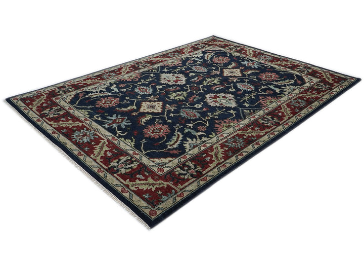 9x12 Blue, Burnt Orange, Rose Color Hand Knotted Oushak Wool Transitional Oriental Rug