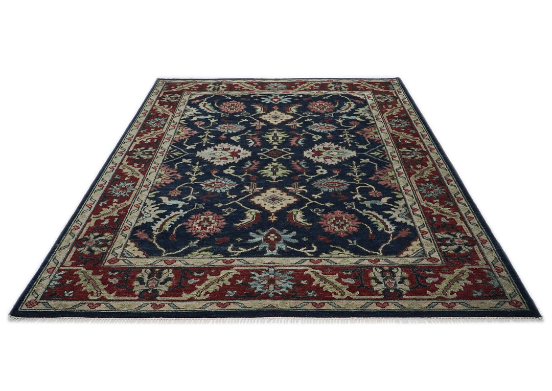 9x12 Blue, Burnt Orange, Rose Color Hand Knotted Oushak Wool Transitional Oriental Rug