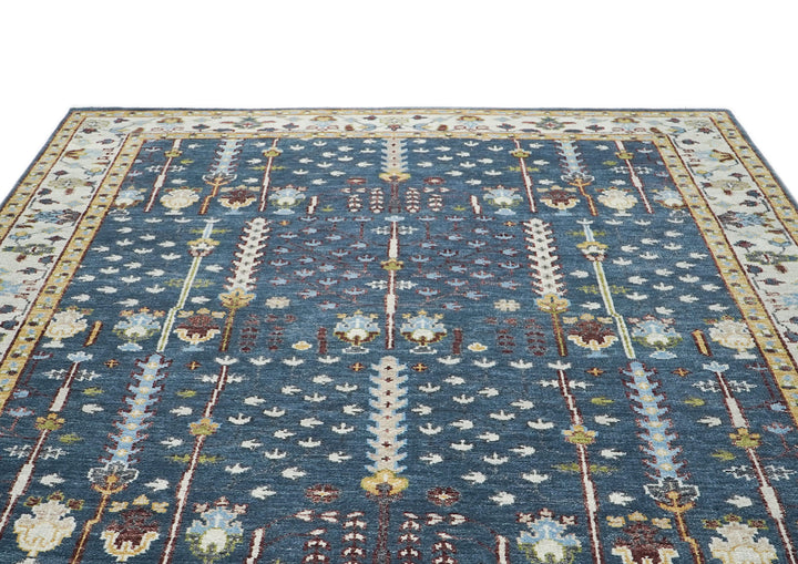 9x12 Blue, Ivory, Tan Color Hand Knotted Oushak Wool Transitional Oriental Rug