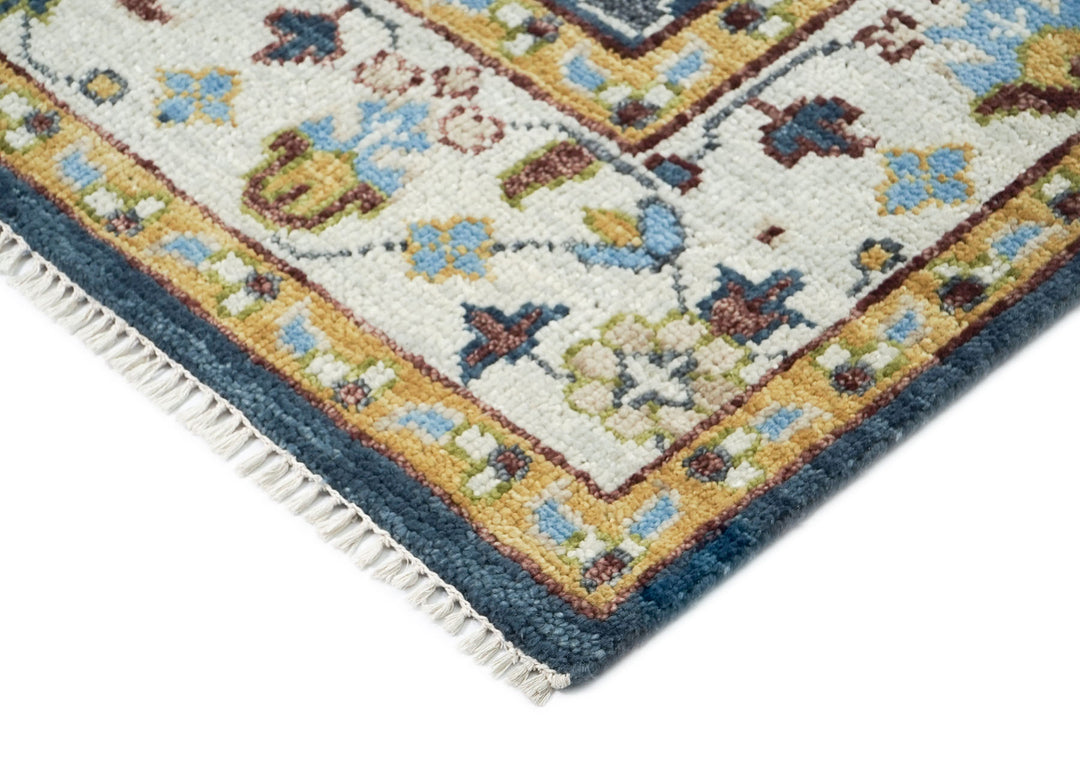 9x12 Blue, Ivory, Tan Color Hand Knotted Oushak Wool Transitional Oriental Rug