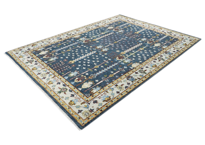 9x12 Blue, Ivory, Tan Color Hand Knotted Oushak Wool Transitional Oriental Rug