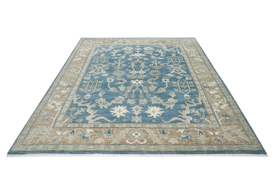 9x12 Blue, Tan, Ivory Color Hand Knotted Oushak Wool Transitional Oriental Rug