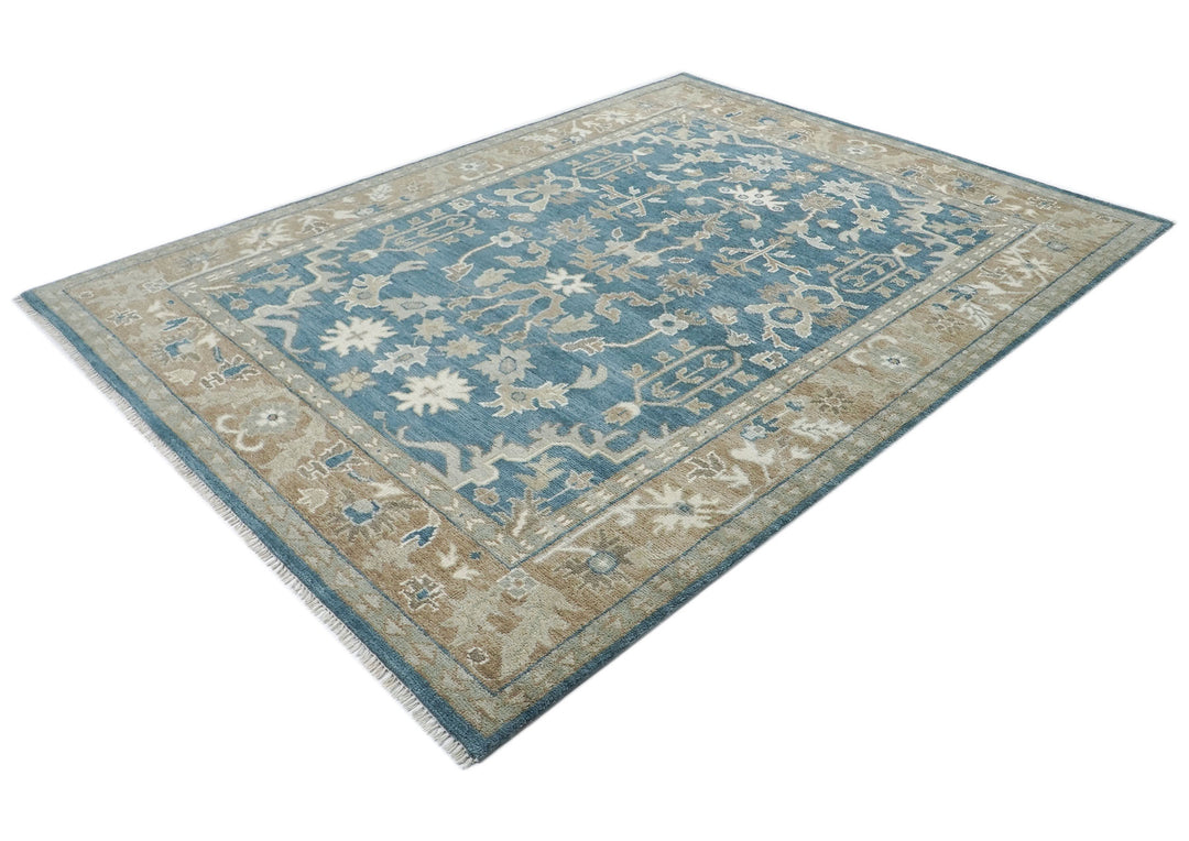 9x12 Blue, Tan, Ivory Color Hand Knotted Oushak Wool Transitional Oriental Rug