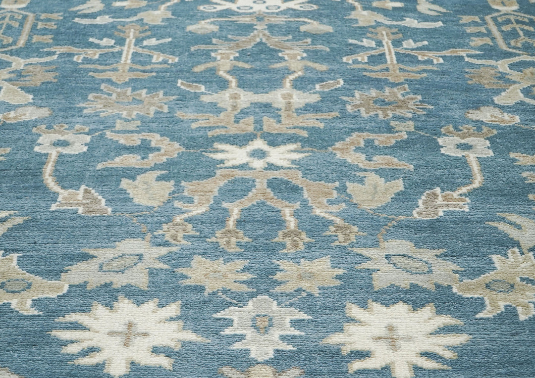 9x12 Blue, Tan, Ivory Color Hand Knotted Oushak Wool Transitional Oriental Rug
