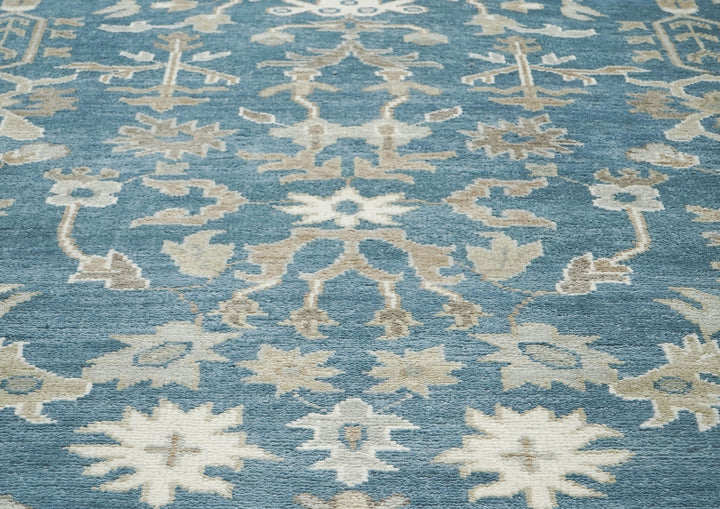 9x12 Blue, Tan, Ivory Color Hand Knotted Oushak Wool Transitional Oriental Rug