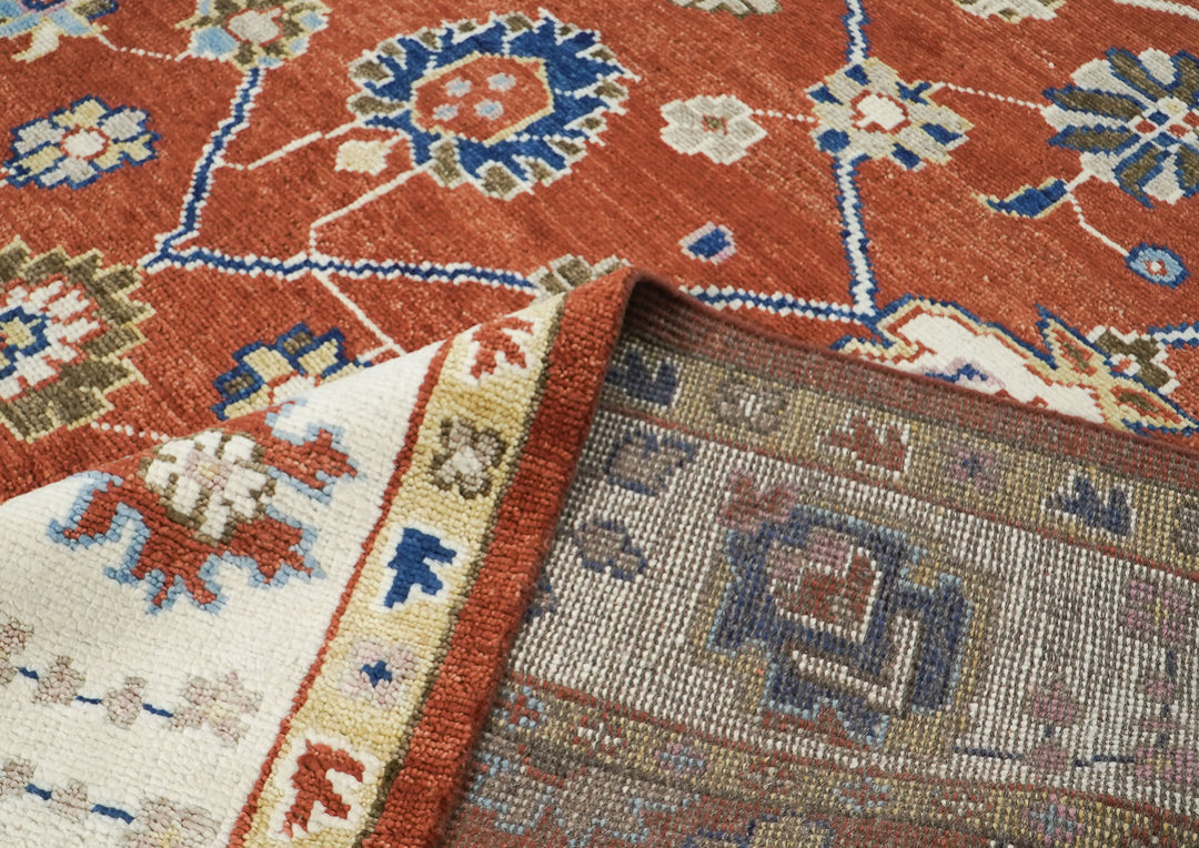 9x12 Burnt Orange, Ivory, Navy Color Hand Knotted Oushak Wool Arts and Crafts Oriental Rug