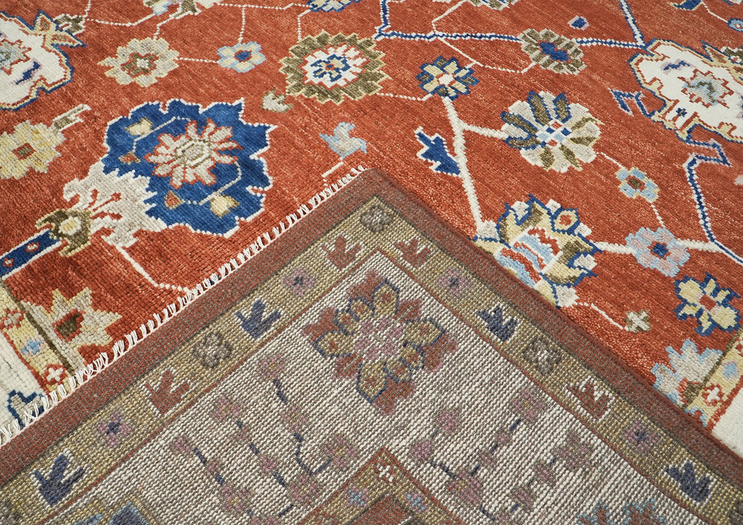 9x12 Burnt Orange, Ivory, Navy Color Hand Knotted Oushak Wool Arts and Crafts Oriental Rug
