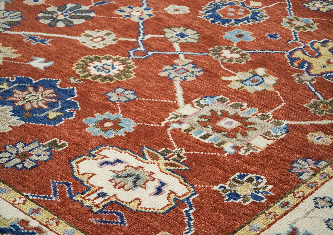 9x12 Burnt Orange, Ivory, Navy Color Hand Knotted Oushak Wool  Oriental Rug