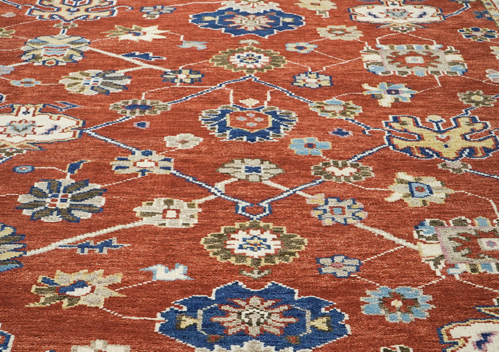 9x12 Burnt Orange, Ivory, Navy Color Hand Knotted Oushak Wool  Oriental Rug