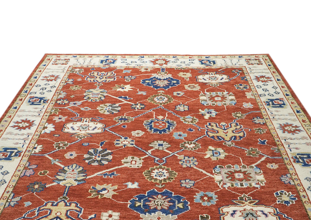 9x12 Burnt Orange, Ivory, Navy Color Hand Knotted Oushak Wool Arts and Crafts Oriental Rug
