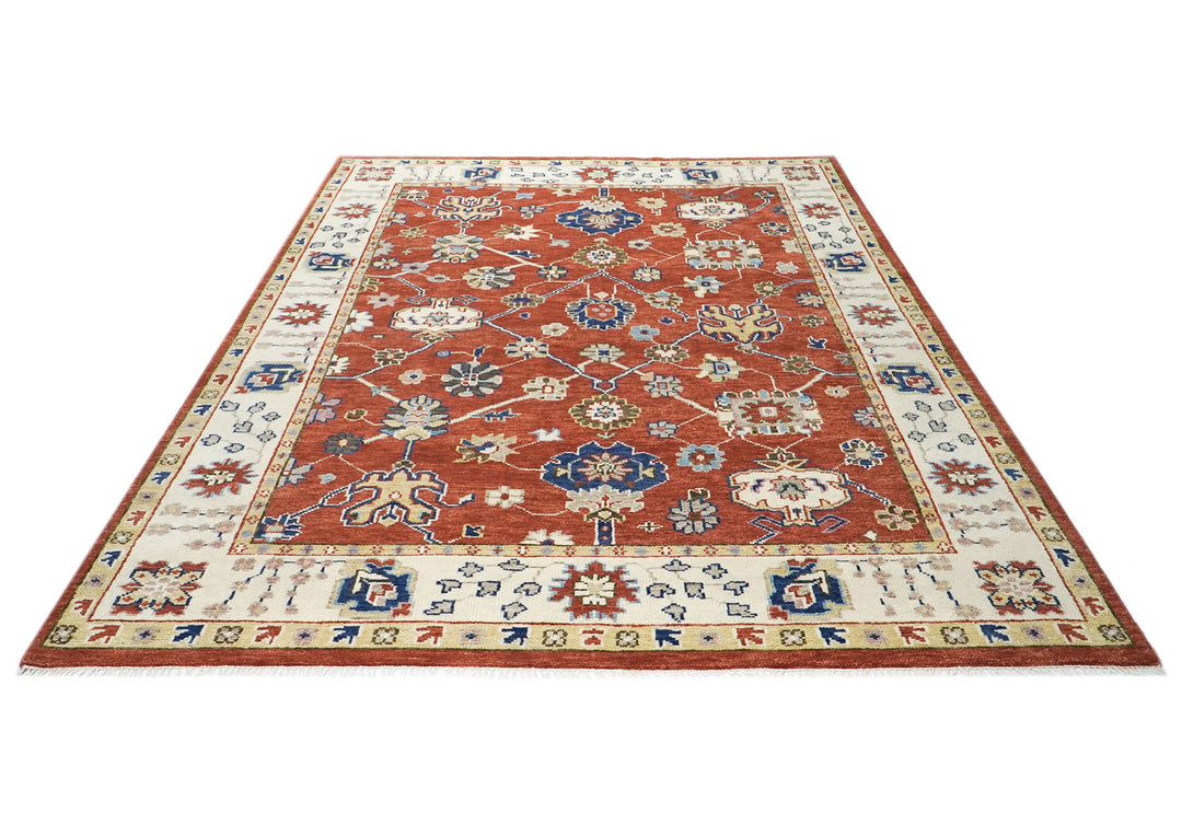9x12 Burnt Orange, Ivory, Navy Color Hand Knotted Oushak Wool  Oriental Rug