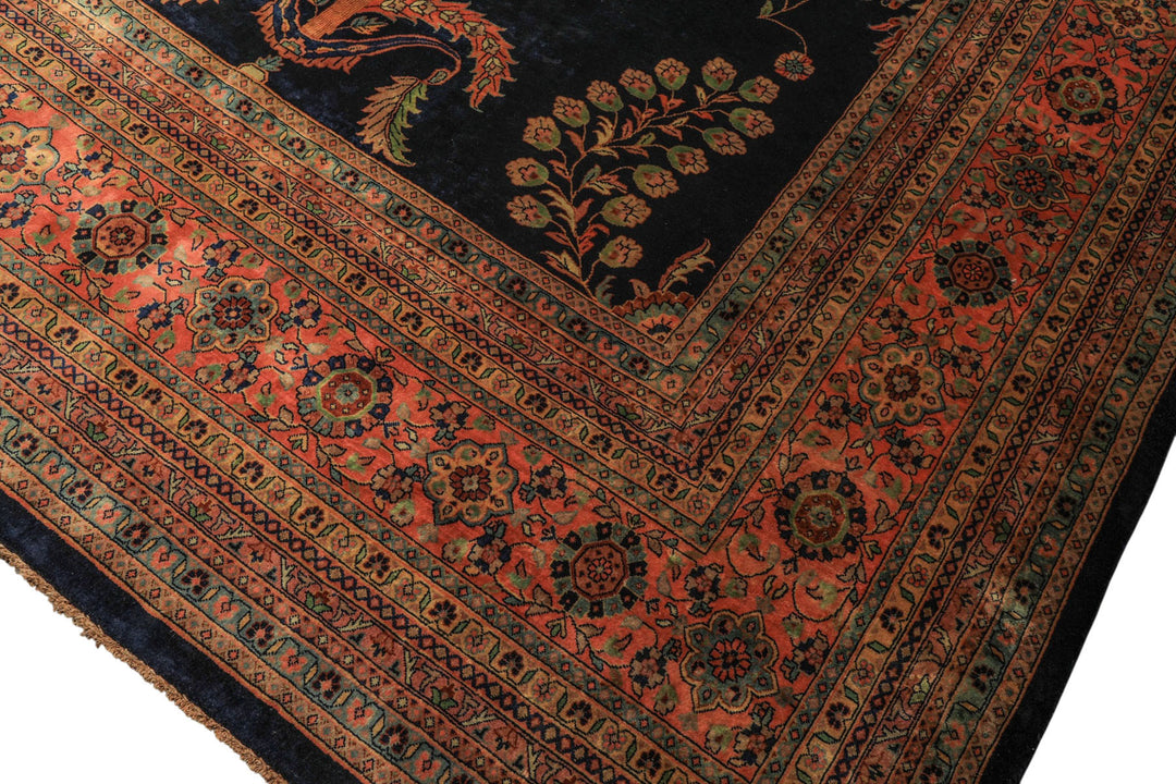 Palace Royal Blue, Rose, Aqua Color Hand Knotted Sarouk New Zealand Wool Traditional Oriental Rug