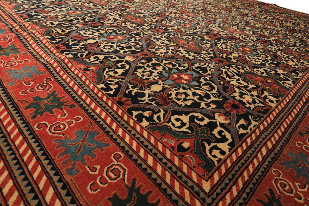 12x15 Mid Night Blue, Rose, Ivory Color Hand Knotted Indo Persian Wool Traditional Oriental Rug