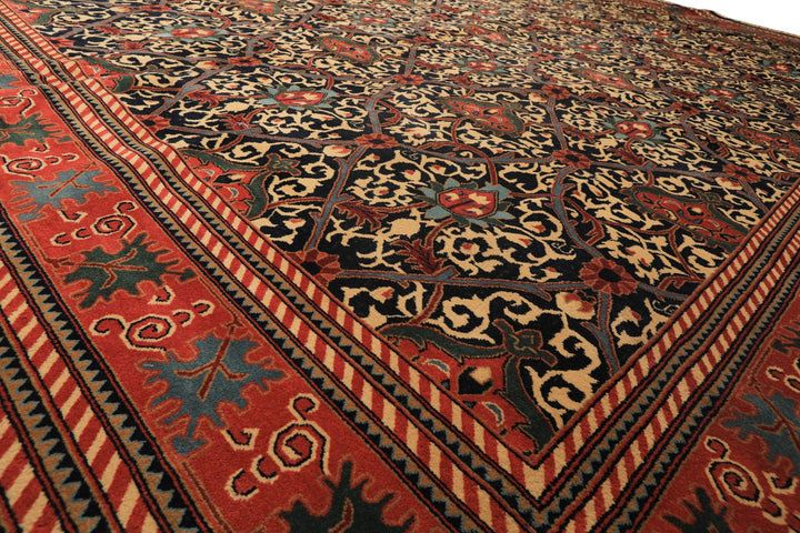 12x15 Mid Night Blue, Rose, Ivory Color Hand Knotted Indo Persian Wool Traditional Oriental Rug
