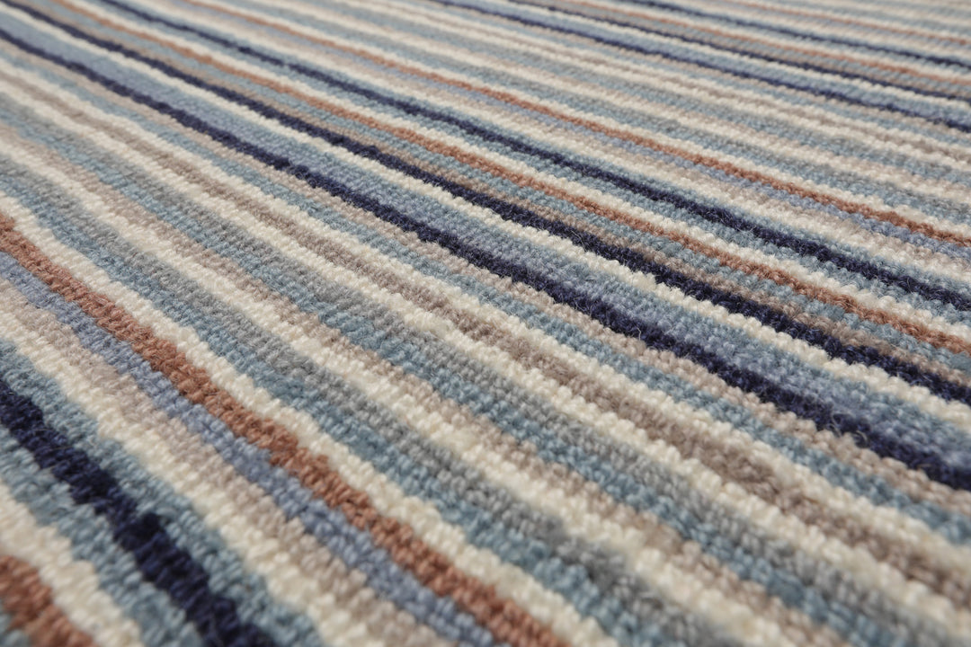 Multi Size Ivory Gray Blue Color Hand Tufted Striped New Zealand Wool Contemporary Oriental Rug