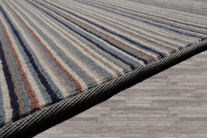 Multi Size Ivory Gray Blue Color Hand Tufted Striped New Zealand Wool Contemporary Oriental Rug