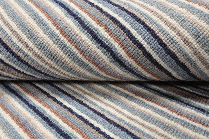 Multi Size Ivory Gray Blue Color Hand Tufted Striped New Zealand Wool Contemporary Oriental Rug