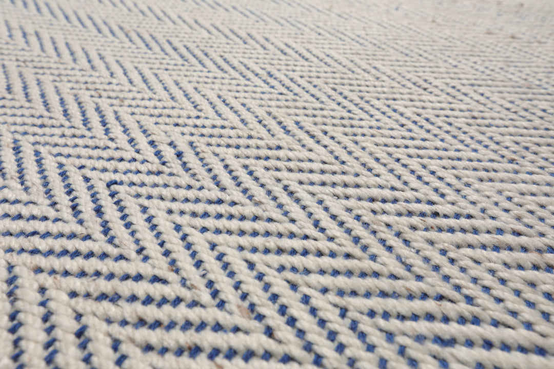 Multi Size Ivory Navy Color Hand Woven Herringbone New Zealand Wool Contemporary Oriental Rug