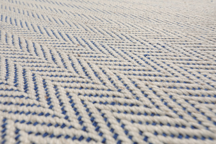 Multi Size Ivory Navy Color Hand Woven Herringbone New Zealand Wool Contemporary Oriental Rug