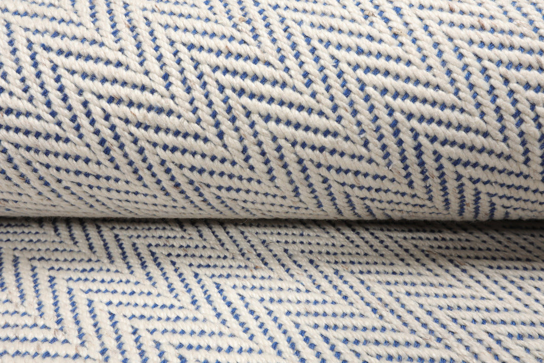 Multi Size Ivory Navy Color Hand Woven Herringbone New Zealand Wool Contemporary Oriental Rug