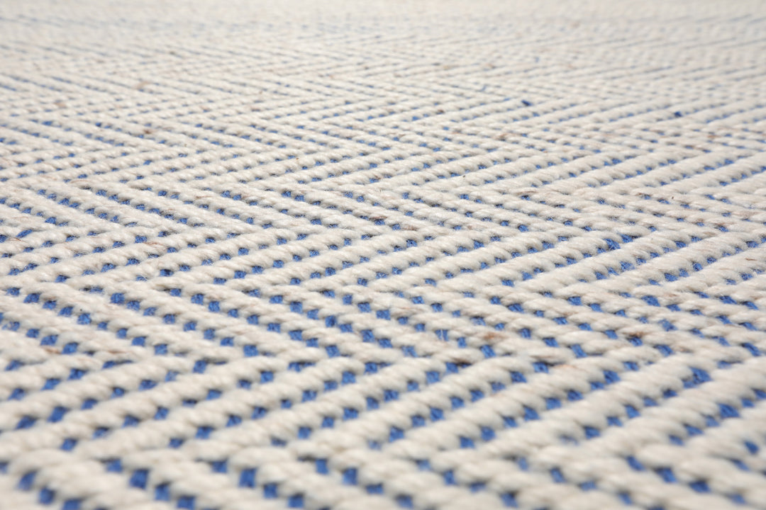 Multi Size Ivory Navy Color Hand Woven Herringbone New Zealand Wool Contemporary Oriental Rug
